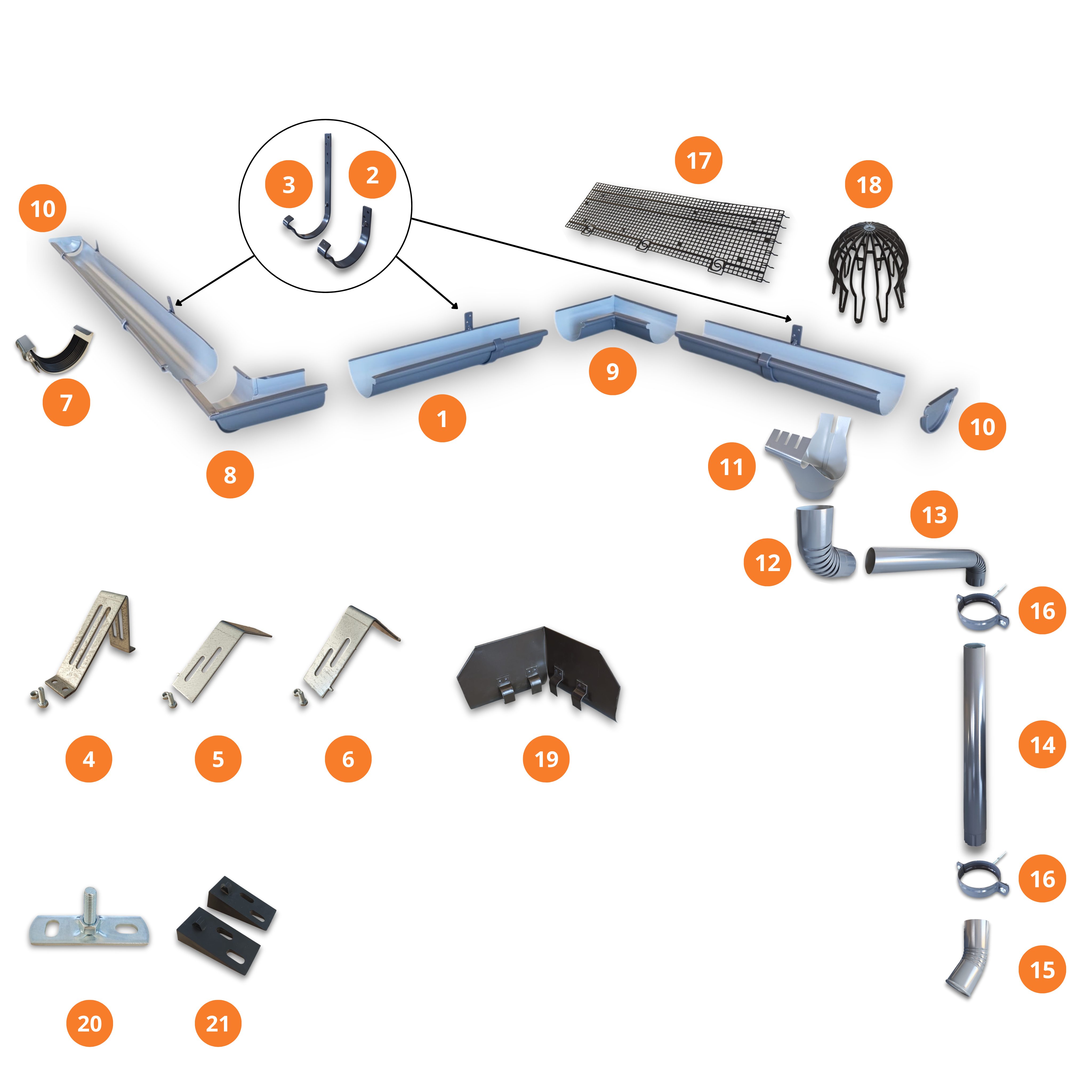 Apaļās noteksistēmas elementi – teknes, caurules un stiprinājumi