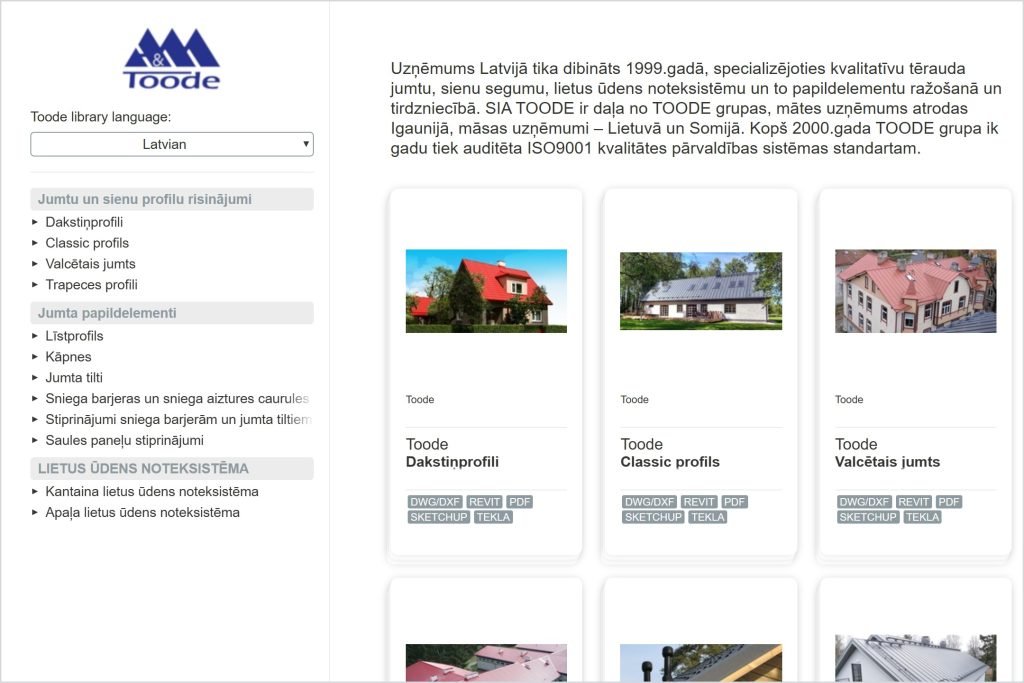 TOODE BIM bibliotēka ProdLib latviešu valodā - jumta profilu, papildelementu un noteksistēmu sadaļas
